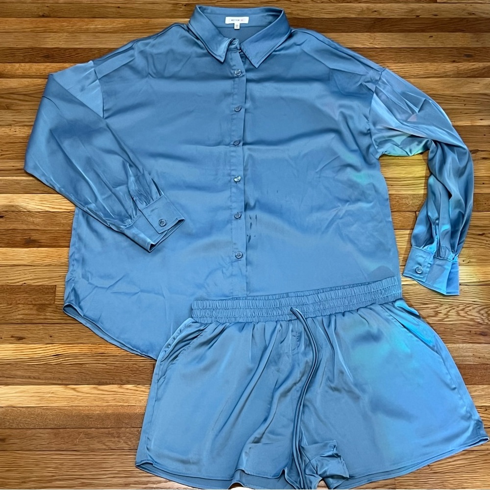 Better Be Blue Satin Shirt and Shorts Set